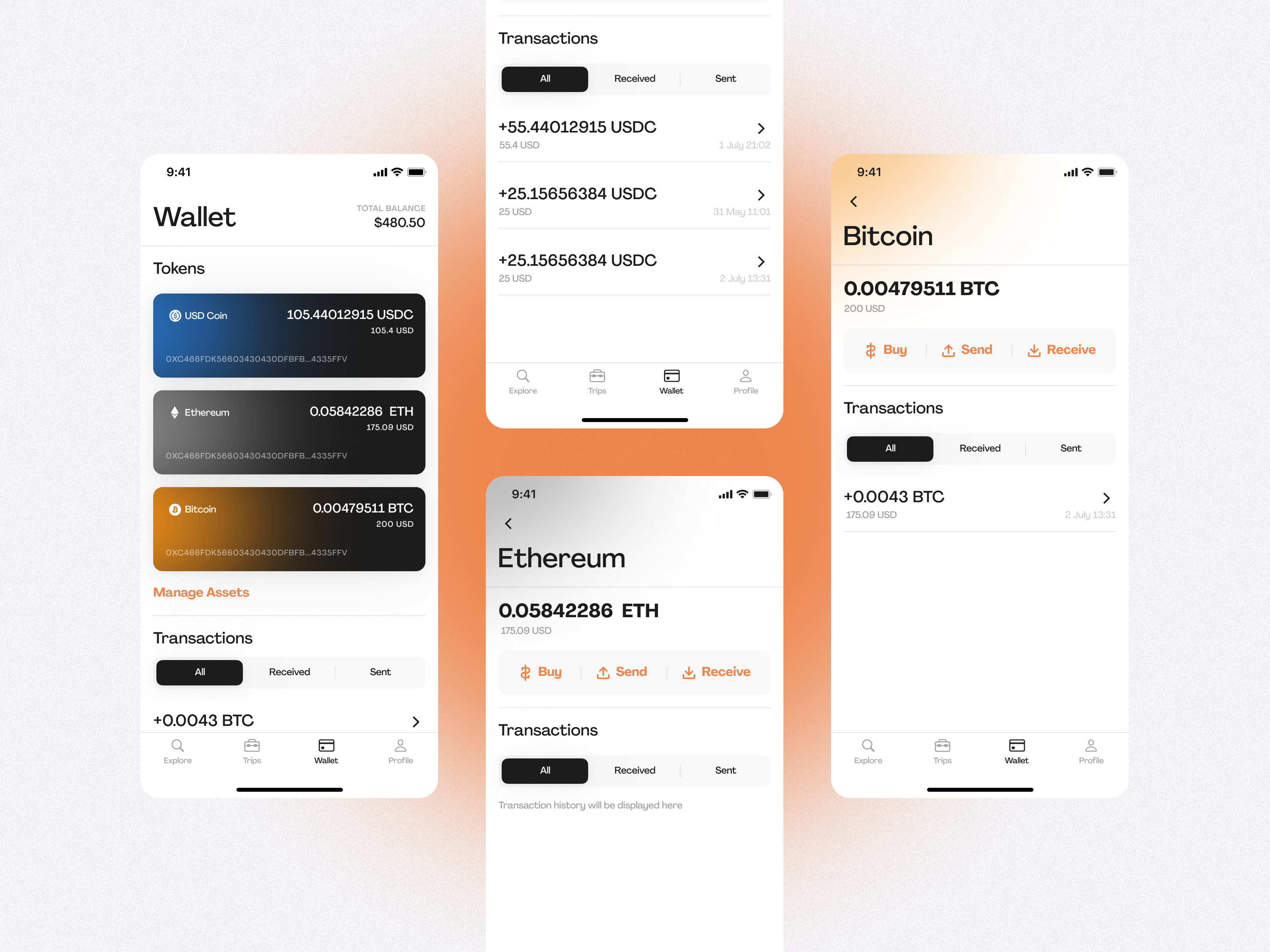 CryptoStay wallet and token detail screens