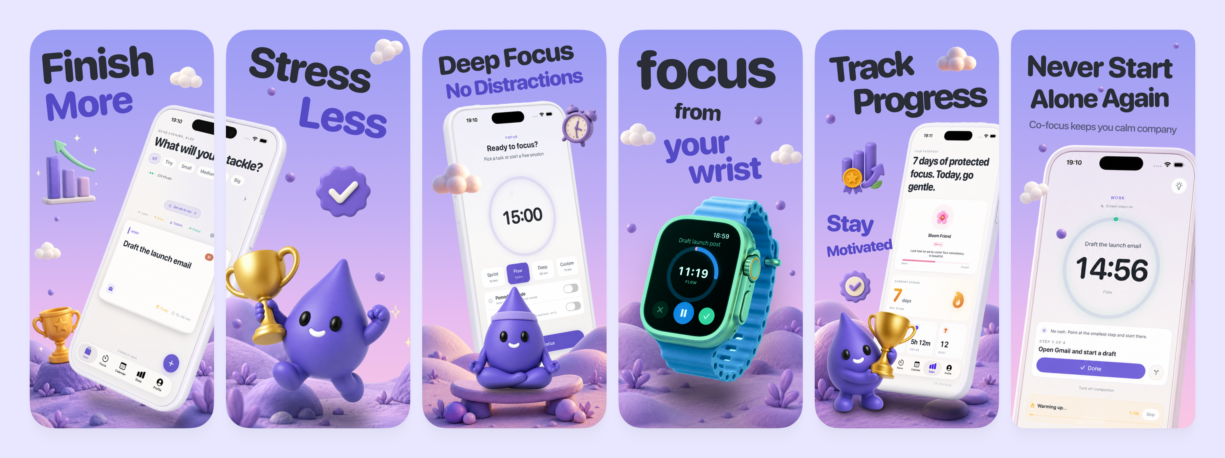 FocusDrop — Finish more, stress less. Deep focus with no distractions, focus from your wrist on Apple Watch, track progress, and never start alone with a co-focus companion.